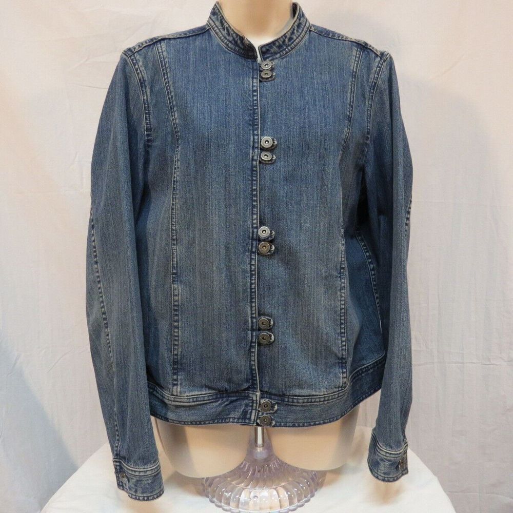 Liz Claiborne Denim Jean Jacket Collarless Unique Button Pattern USA Size L VTG